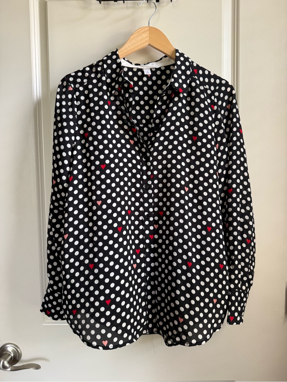 POPSUGAR Black Semi-Sheer Polka Dot Heart Button-Down Blouse Women’s Size Large